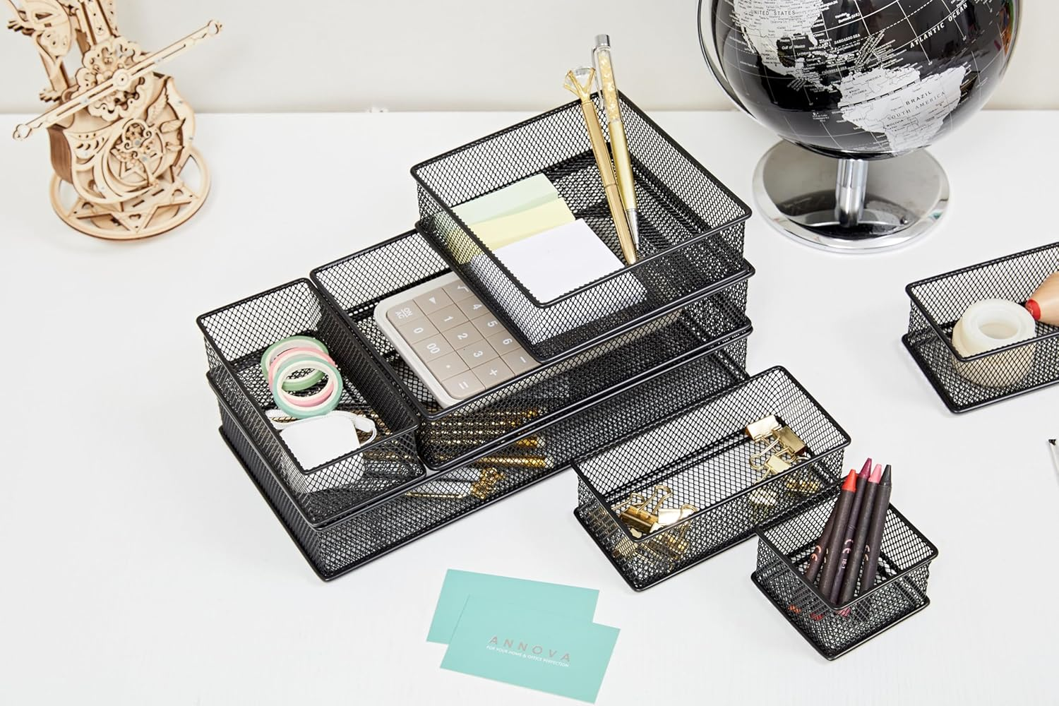 Annova Mesh Drawer Cabinet and Shelf Organizer Bins Storage Basket School Office Supply Holder Tray- Set of 2 (Black, 15X15X5 CM) image number 6