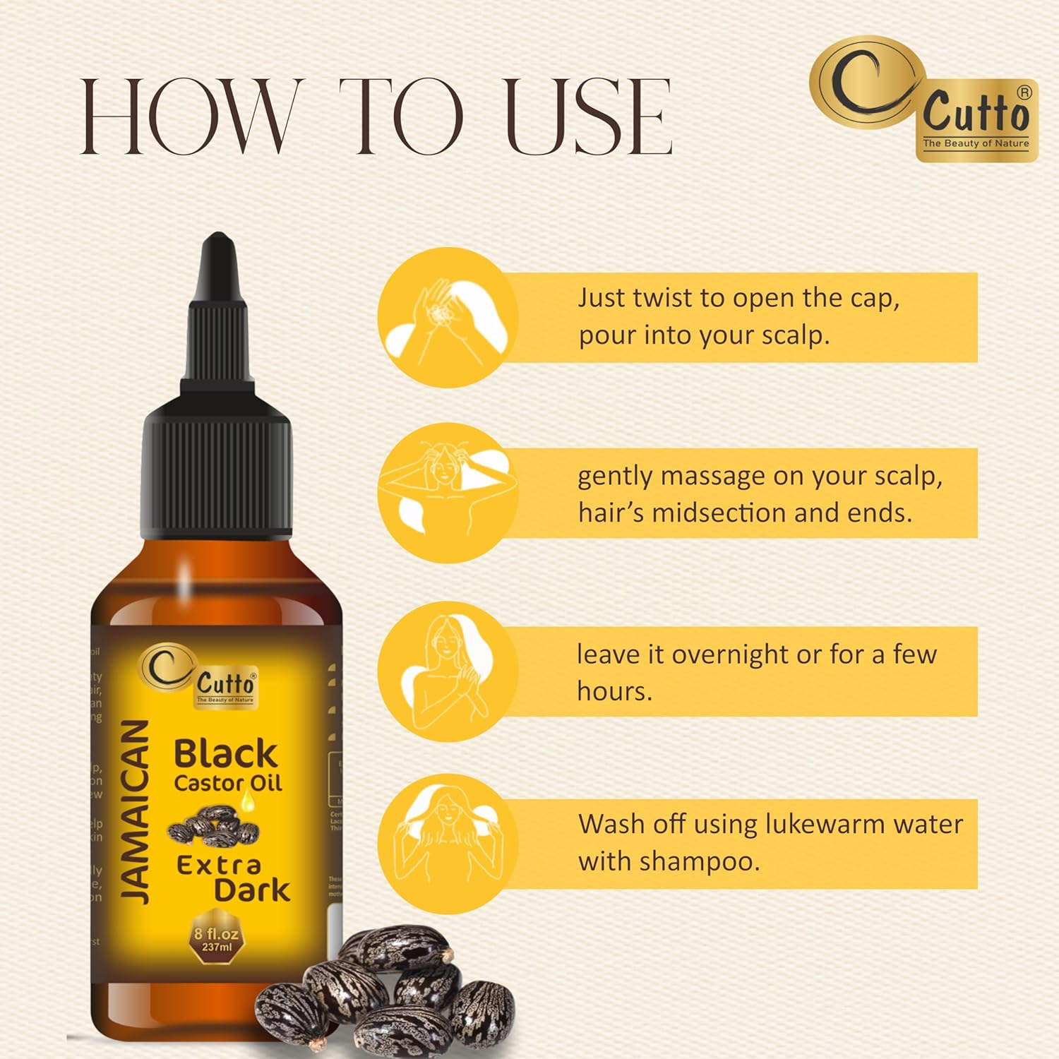 CUTTO -THE BEAUTY of NATURE Organic Extra Dark Jamaican Black Castor Oil (237Ml), with Traditional & Typical Handmade Roasted Castor Beans I Good for Hair and Skin Health image number 2