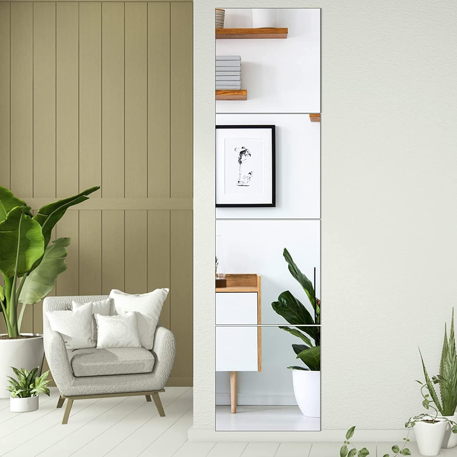 Square Full Length Mirror, DIY Self Adhesive Removable Acrylic Mirror Wall Stickers Tile Mirror Sheets, Art Decoration for Home Living Room Bathroom Bedroom Sofa TV Background Office (4Pcs, 30X30 Cm) image number 6