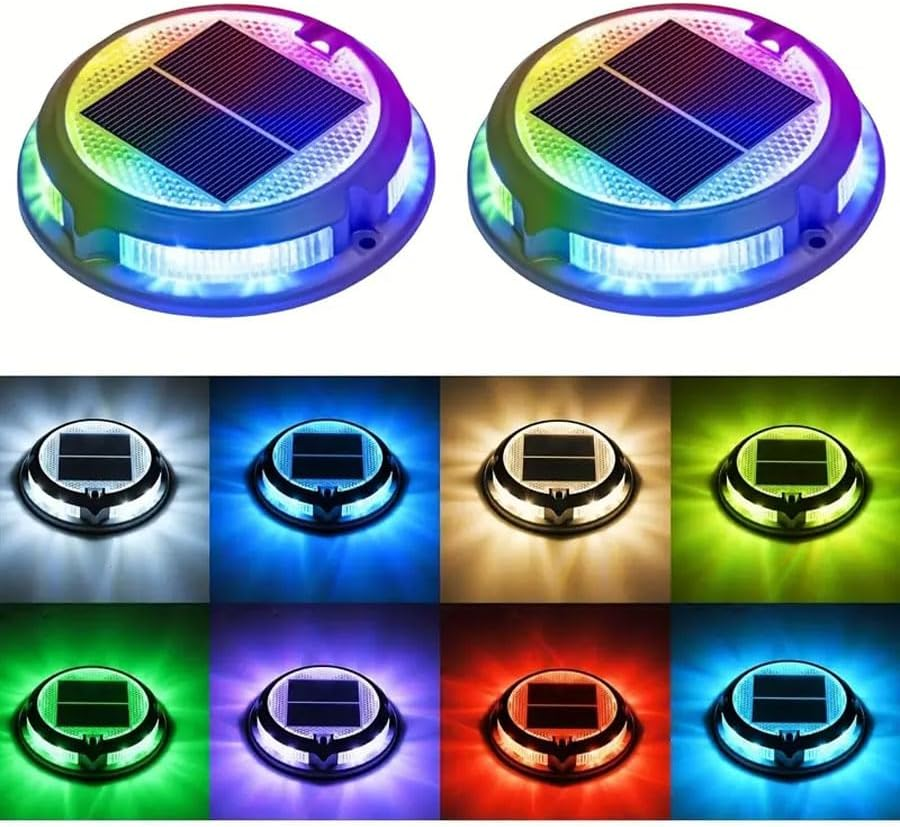 Aluminum Alloy Solar Driveway Lights, IP68 Solar Deck Light Marine Dock Lights Outdoor Waterproof 4 Modes, Multicolor LED Driveway Markers Garden Light for Walkway, Path Decor (2 Pack) image number 2