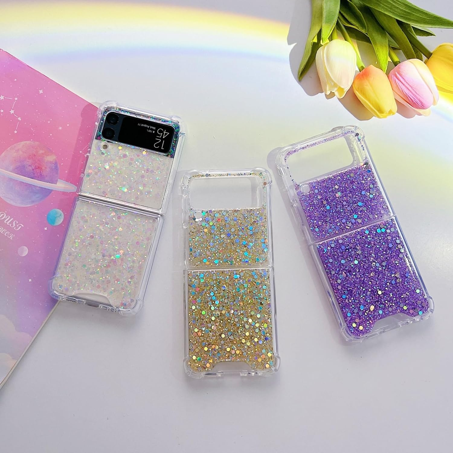 UEEBAI Case for Samsung Galaxy Z Flip 4 5G, Pretty Bling Glitter Case for Women Cute Shiny Sparkle Phone Case for Girls Bling Stars Cover Four Corner Shockproof Slim Fit Flip Case - Purple image number 6