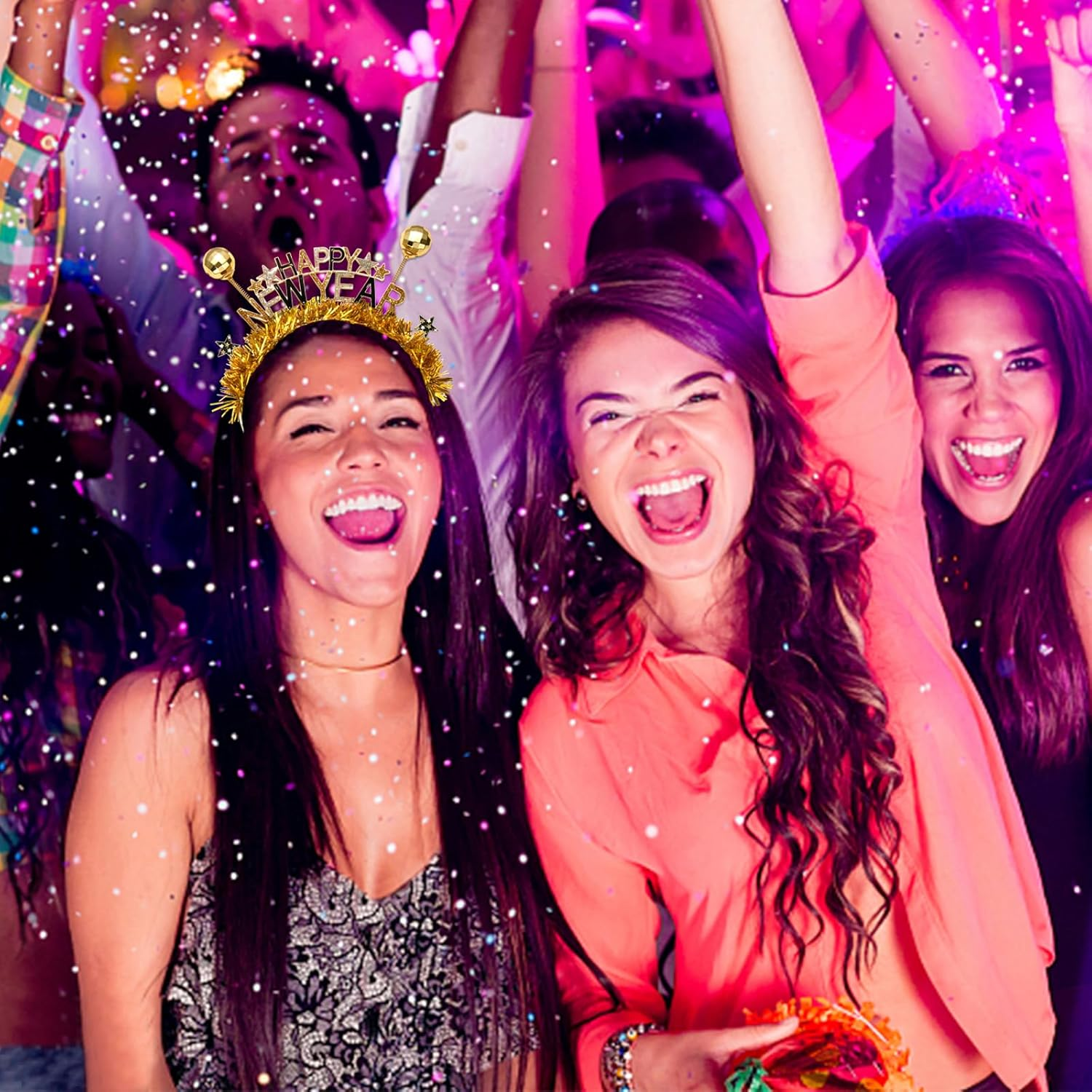 FAERLIIRY Happy New Year Headband 2024 New Years Headband for Women Girls Disco Ball Glitter Headpiece Holiday Headbands Hair Accessories New Year'S Eve Celebration Party Gifts (Happy New Year) - Purple Green Gold image number 7