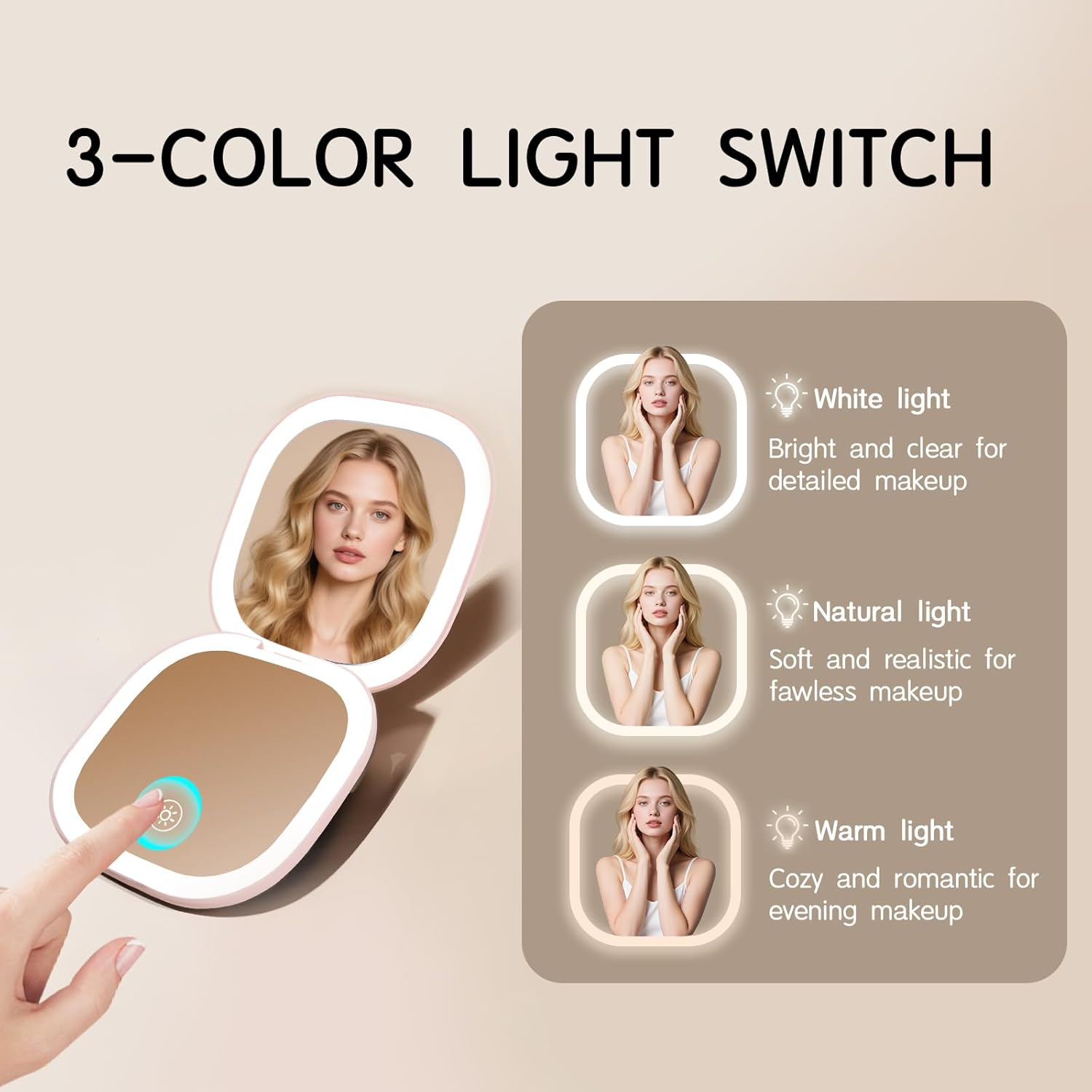 Comfycottage LED Lighted Travel Makeup Mirror Rechargeable USB Portable Compact Mirror with 5X Magnification, Double-Sided Touch Sensor, 3 Adjustable Modes, Handheld/Pocket Mirror for Women (Pink) image number 1