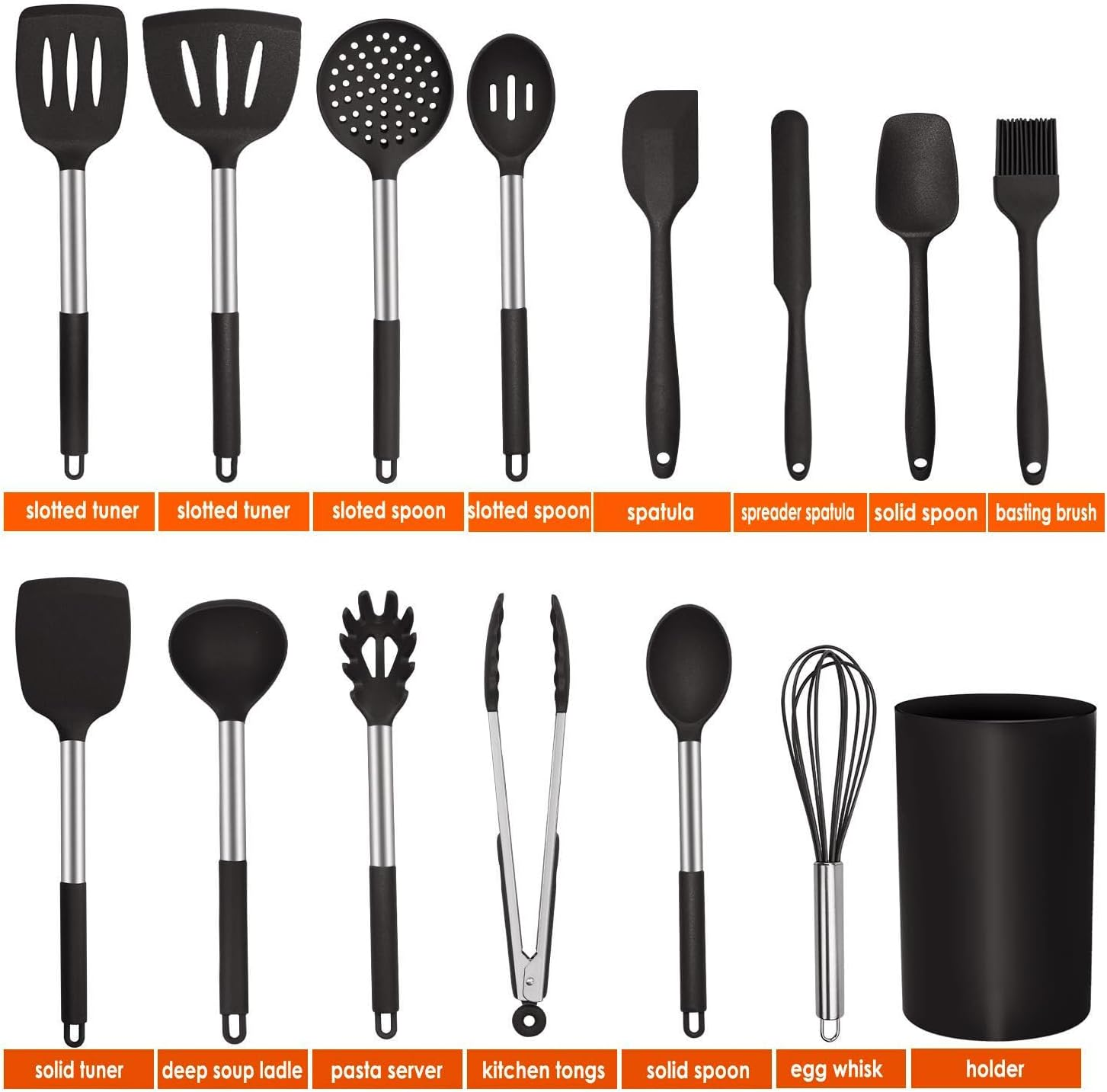 Kitchen Utensils Set, 15 Pcs Silicone Cooking Utensils Set, Non Stick and Heat Resistant Cookware, Cooking Tools with Holder(Black) image number 2