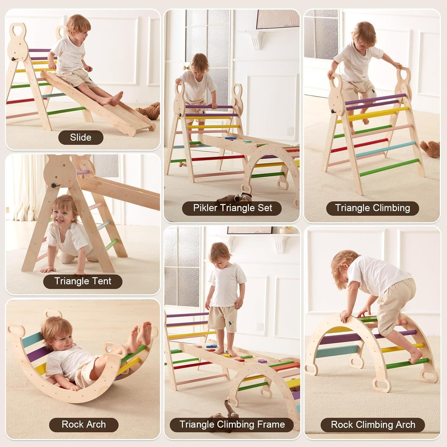 Pikler Triangle Set 7In1 Foldable Baby Climbing Toys Wooden Montessori Climbing Set with Arch&Ramp&Ladder Baby Climber Indoor Jungle Gyms for Toddlers Montessori Toys - Rainbow (Rainbow) image number 4