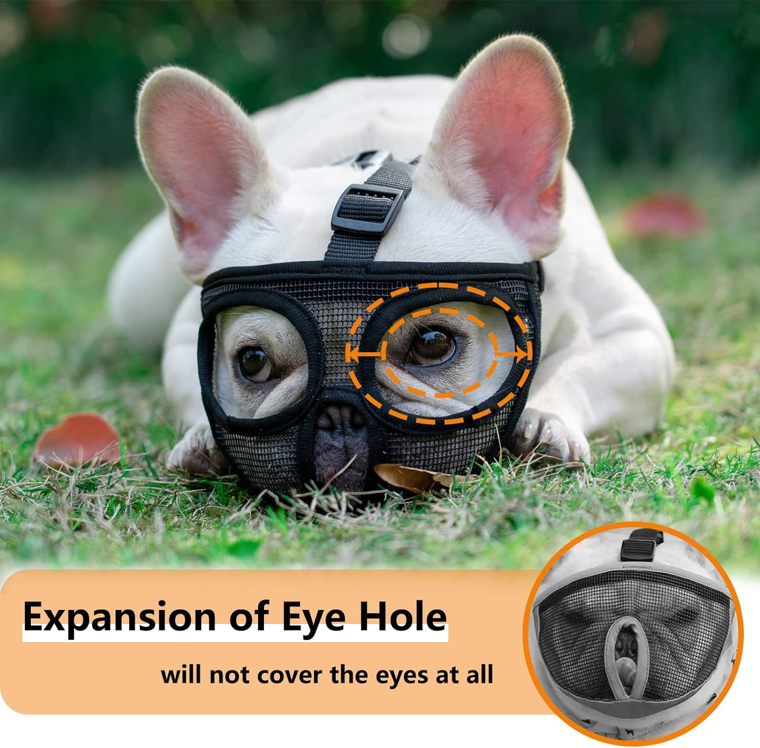 OHCOZZY Short Snout Dog Muzzle with Breathable Eye Hole, Adjustable French Bulldog Muzzle Prevent Dogs from Eating Biting Licking(M,Black)