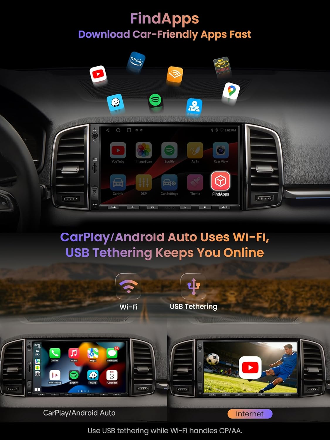 ATOTO A5L Android Double Din Car Stereo, 7" IPS Touchscreen Digital Media Receivers, Wireless Carplay& Android Auto, Wifi/Bluetooth/Usb Tethering, Backup Camera,Mirrorlink, 24B-EQ DSP, 2G+32G, FM/RDS image number 4