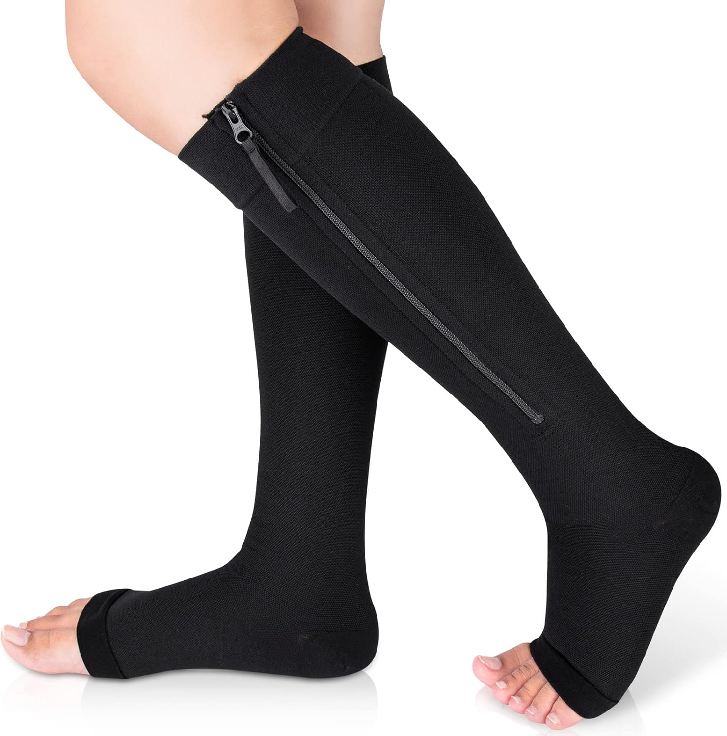 Ailaka Medical Compression Socks with Zipper, Knee High 15-20 Mmhg Compression Socks for Women Men, Open Toe Support Socks for Varicose Veins, Edema, Recovery, Pregnant, Nurse