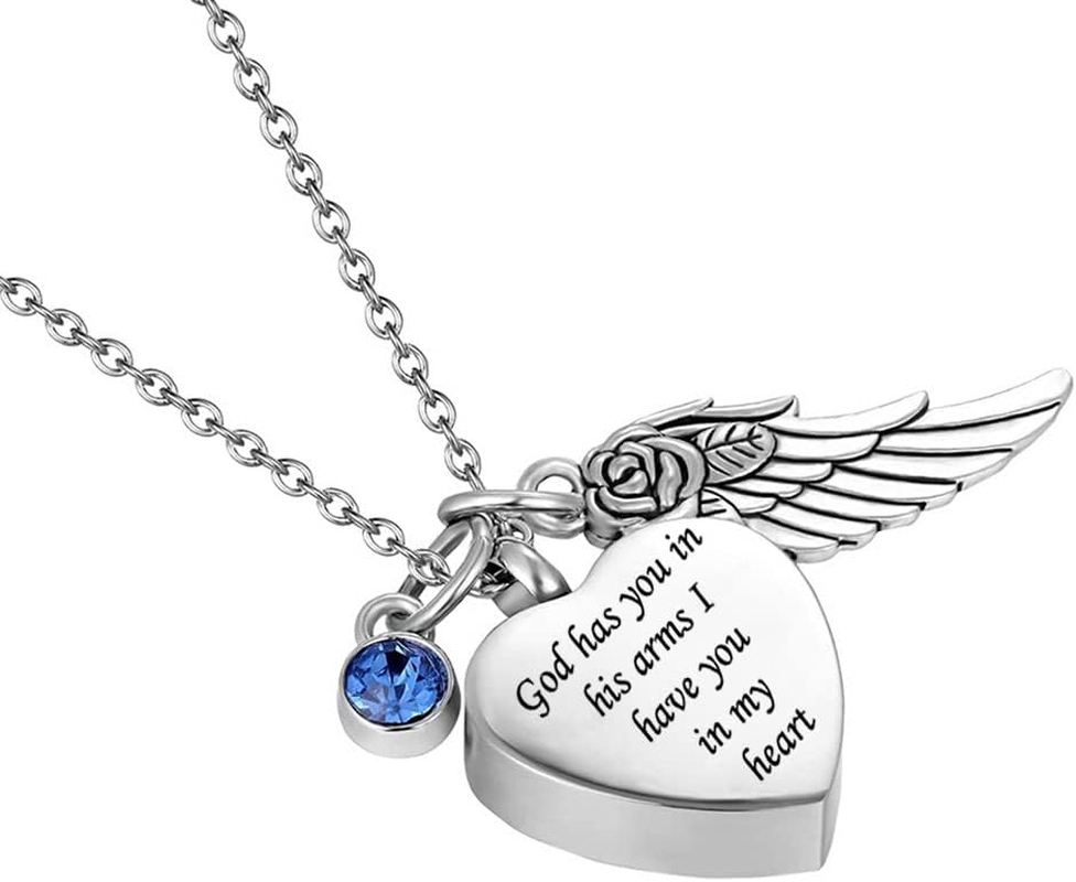 God Has You in His Arms with Angel Wing Charm Cremation Ashes Jewelry Keepsake Memorial Urn Necklace with Birthstone Crystal, 20 X 25 Mm, Metal, Zircon image number 1