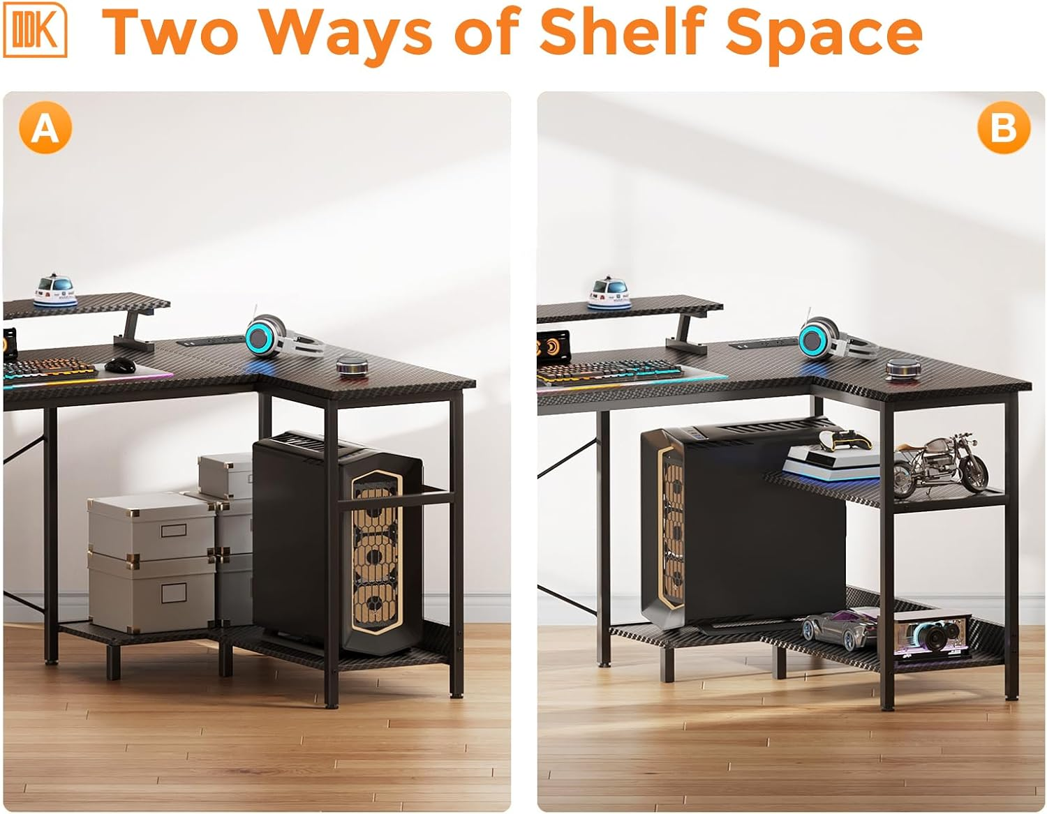 ODK Gaming Desk with Power Outlet&10 Color LED Light Strip, 120 * 80 * 87.7Cm, L Shaped Desk with Storage Bag and 2 Shelves, Computer Table with Monitor Stand, Carbon Black Fiber - White image number 2