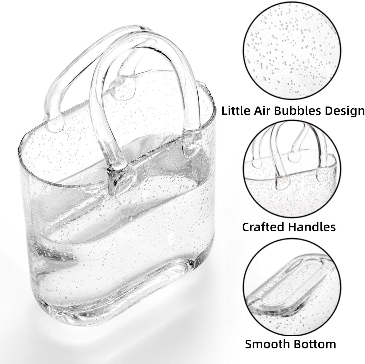 Noamus Purse Vase for Flowers, Unique Clear Glass Bag Vase with Handle, Handbag Shape Flower Vase Fish Bowl, Wide Mouth Bubble Vase for Wedding Birthday Centerpieces, Home Garden Decor(Transparent) image number 3