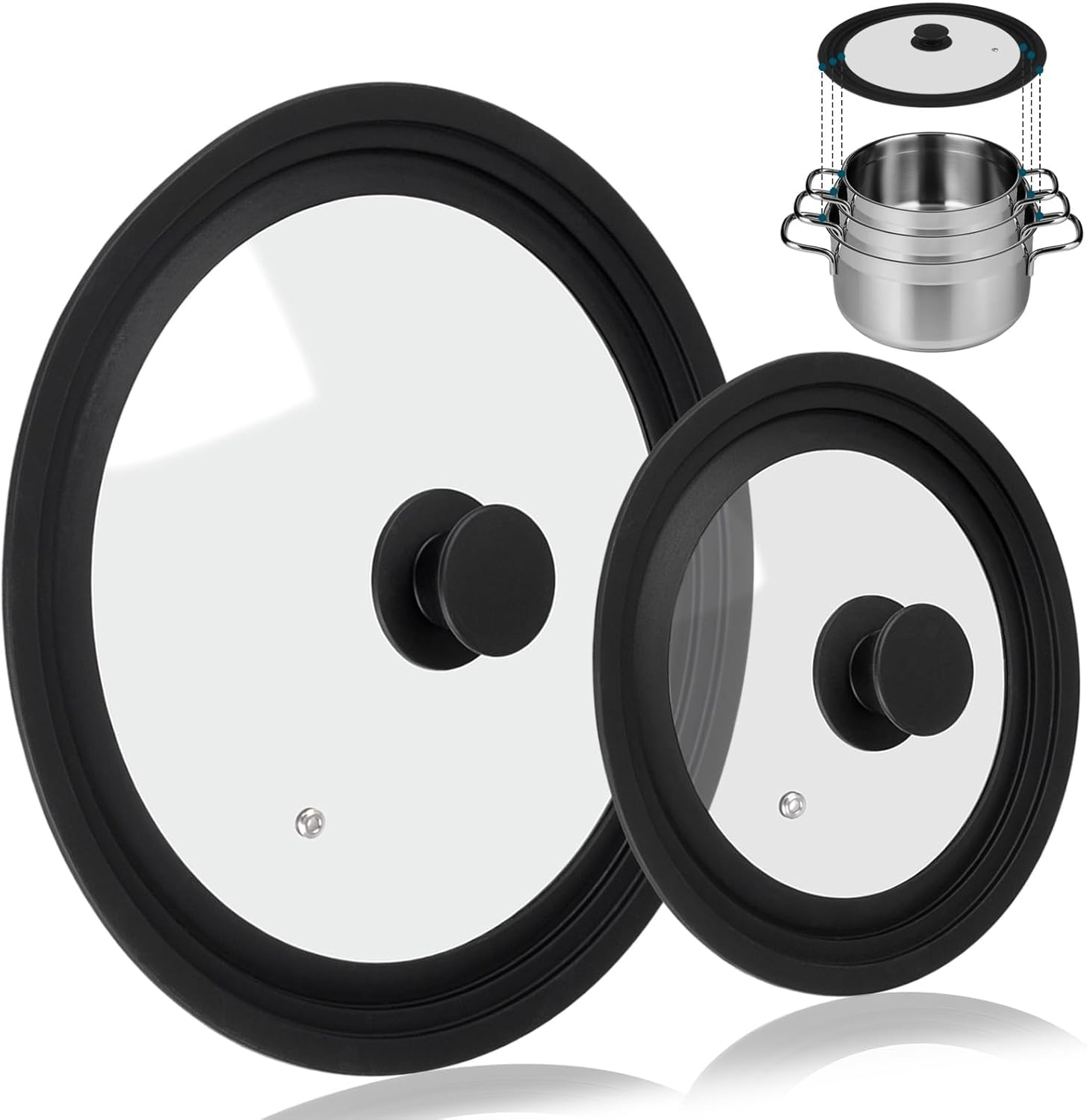 Silicone Universal Lid for Pots Pans and Skillets, 2 Pack Pan Cover Fit 7", 8" 9" & 10", 11", 12" Diameter Cookware, Replacement Pan Lid Pot Lids for Frying Pans, Cast Iron,Tempered Glass Lid (Black)