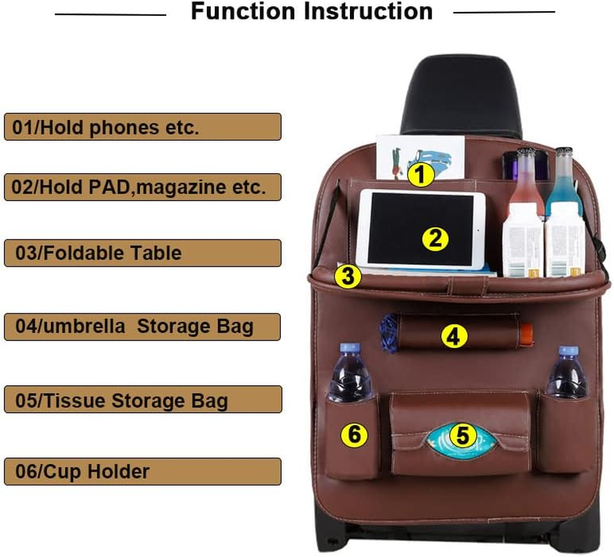 2X PU Leather Car Seat Back Organiser Storage Bag Foldable Table Tray Cup Holder (2X) - 1X image number 7