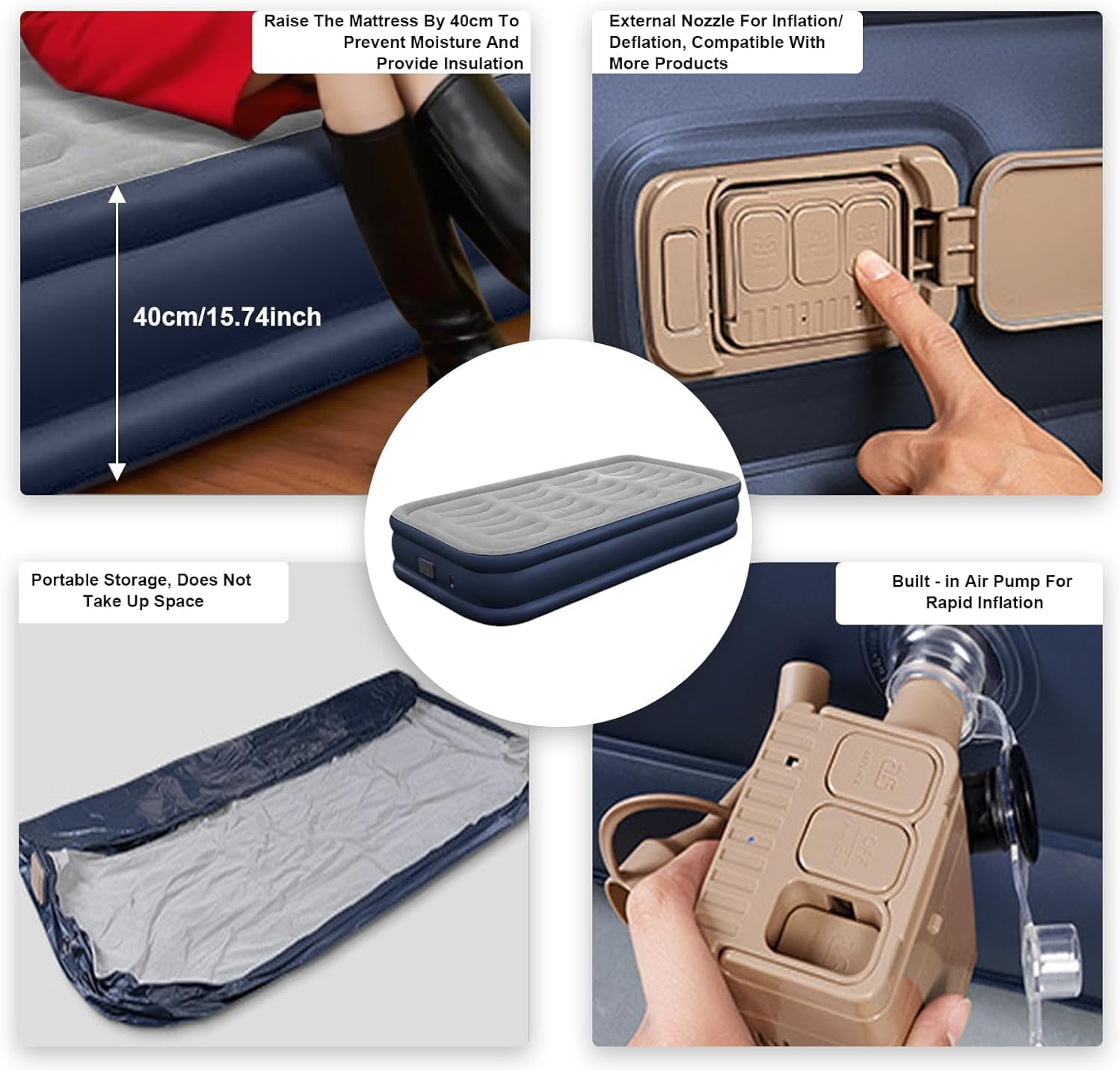 Air Mattress Full with Built in Pump, Luxury Queen Upgraded Comfort Inflatable Mattress with Storage Bag for Guest Home Camping, Foldable Blow up Mattress (Blue Grey, Single) image number 6