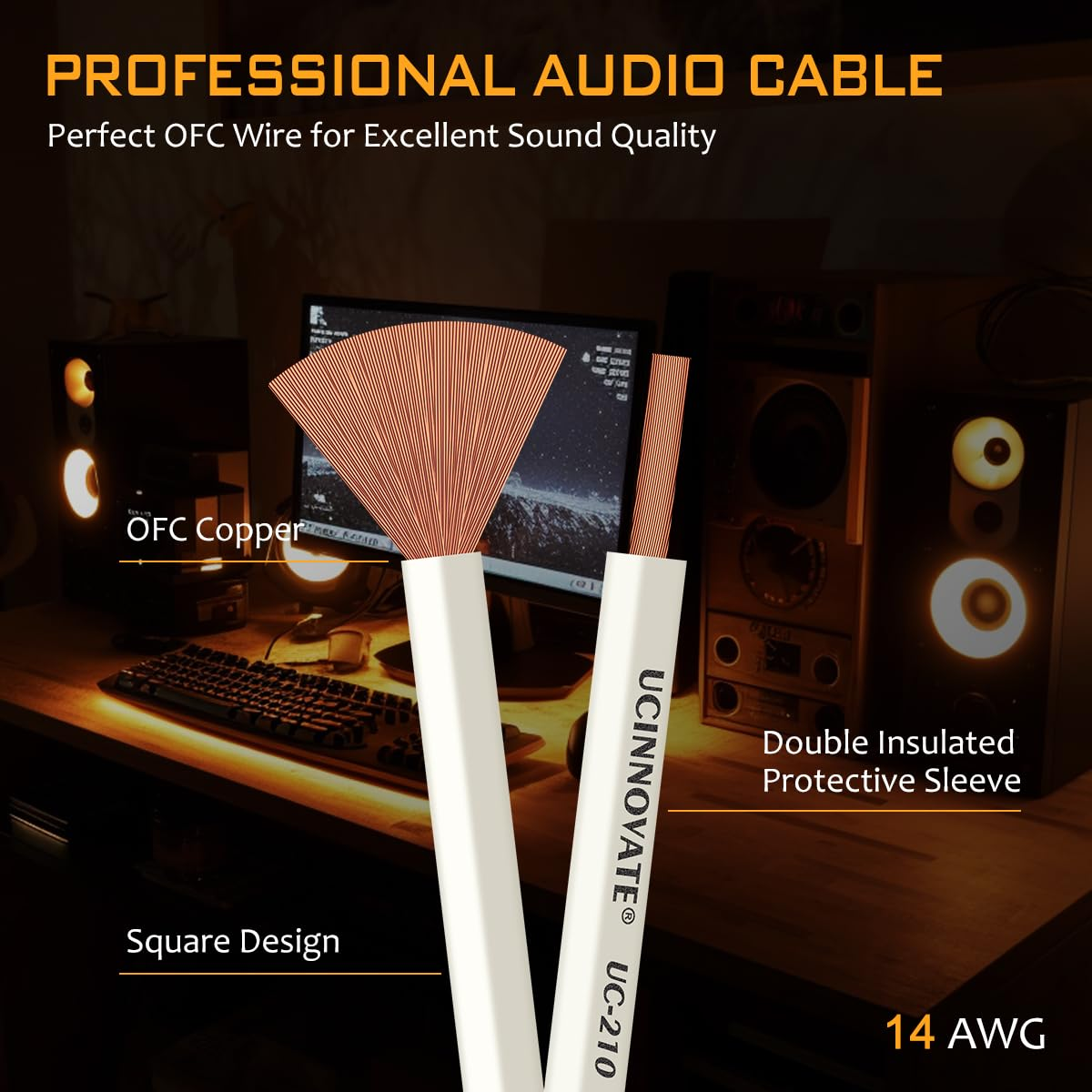 2 Pack 14 AWG OFC Speaker Cable with Pin Banana Plugs, Craft-Made Hifi 1.5M/4.9Ft White Square Speaker Wire with Gold-Plated Banana Plugs, Speaker Cable for Hi-Fi & Home Audio System, Amp, Subwoofer