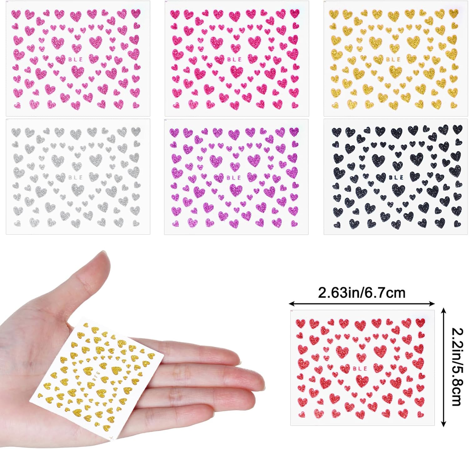 10 Pack Heart Stickers Set Glitter Heart Stickers for Women Girls Kids for Nail Art, Scrapbooking Crafts, 7Colors image number 3