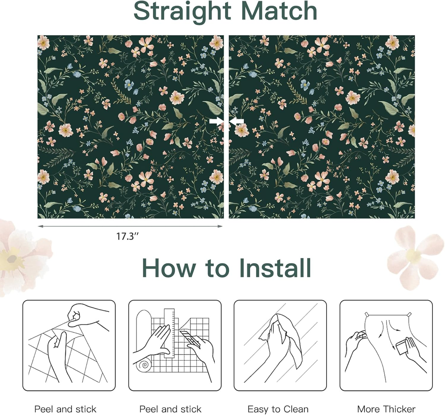 Eeecoming Floral Peel and Sick Wallpaper Vintage Wall Paper Green Contact Paper Flowers Removable Self Adhesive Wallpaper for Bedroom Bathroom Cabinets Vinyl Roll 17.3"X196.8" image number 4