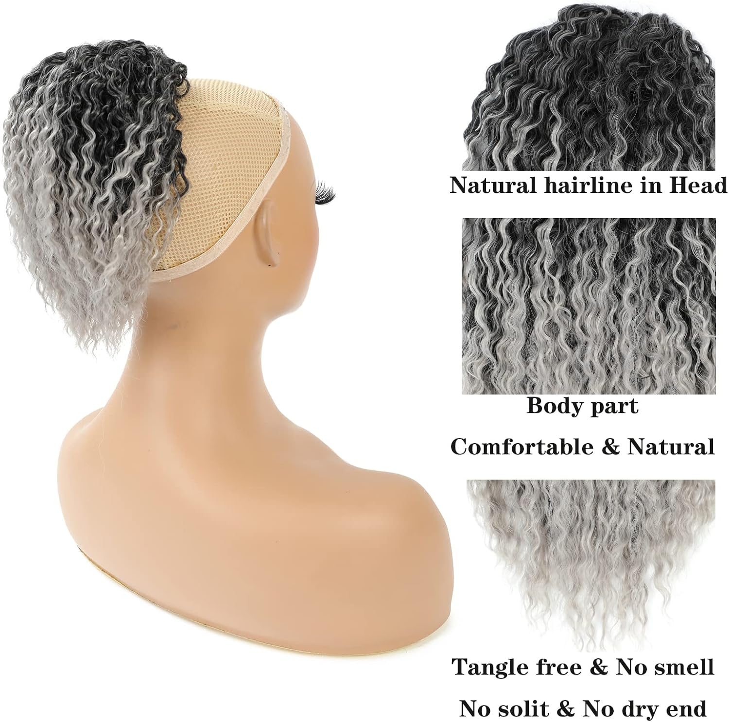 Drawstring Afro Puff Kinky Curly Ponytail Extension Clip in Hairpiece Ponytail Hair Extension (2X Grey) image number 2