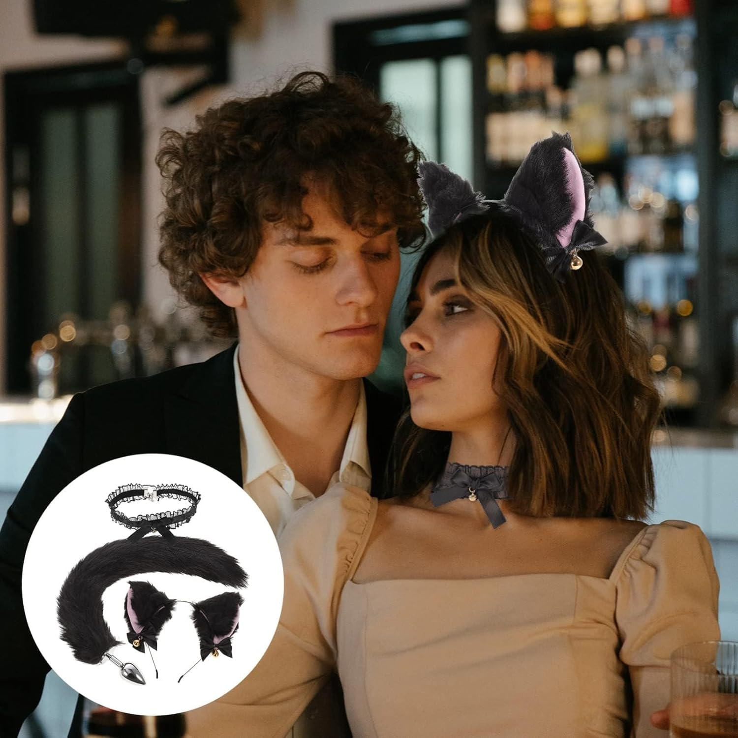 6Pcs Anal Plug Tail, Furry Fox Tail Plug Animal Ear Headband Collar Chest Clip Ball, Anal Plug Role-Playing Costume Set, Sex Toy (Black) image number 1