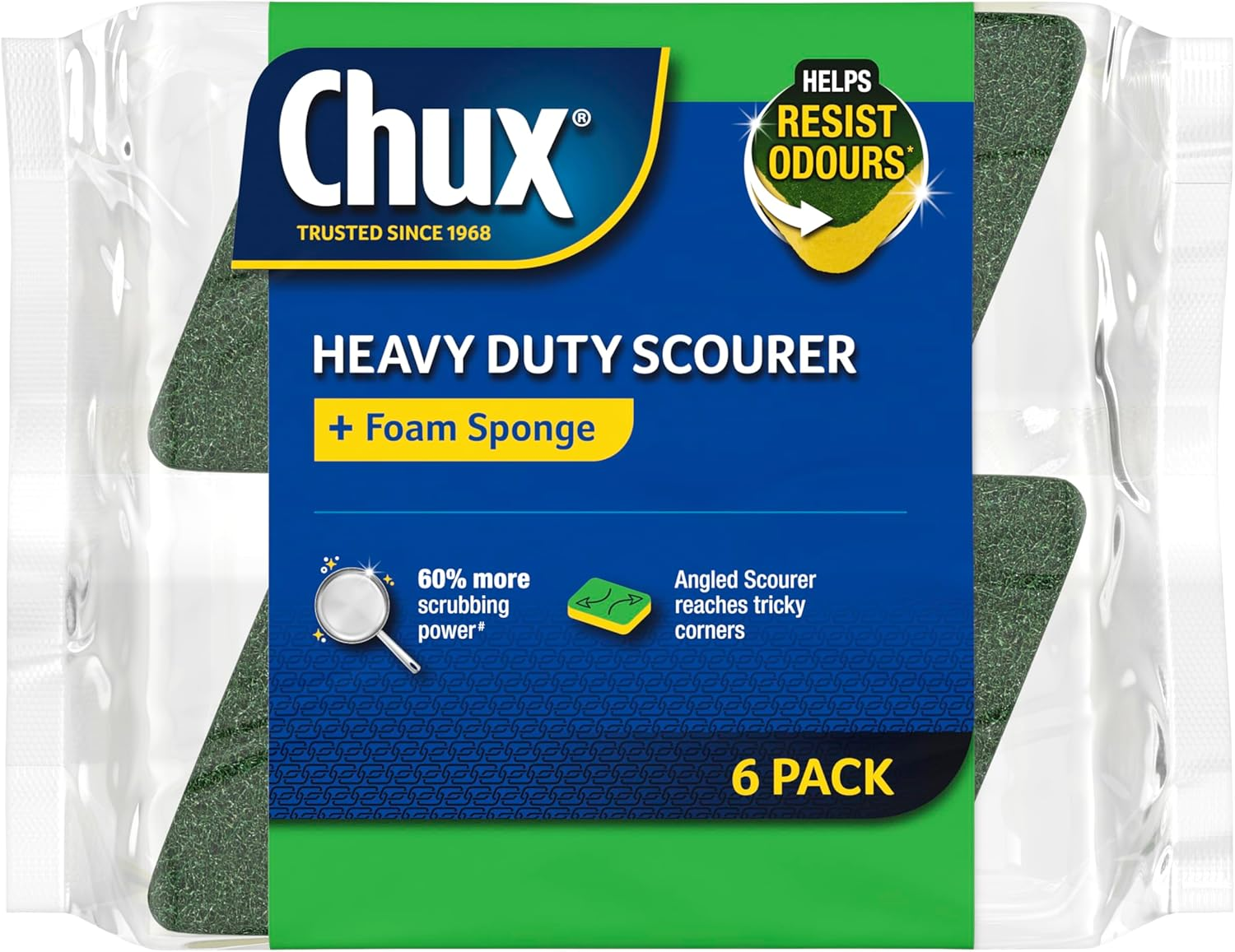 Chux Heavy Duty Scourer + Foam Sponge, Rinses Easily and Resists Odours, 6 Count image number 2