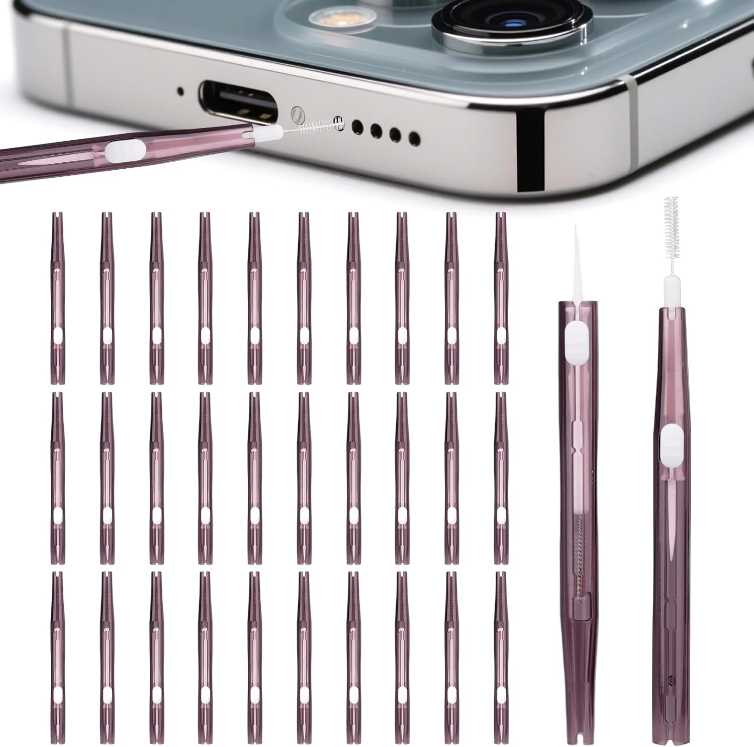 30Pcs Phone Cleaning Brushes, Bristles & Hook Double-Sided Mini Cleaning Brush Kit Anti-Clogging Charging Port USB C Cleaner for Most Mobile Phone (Purple)