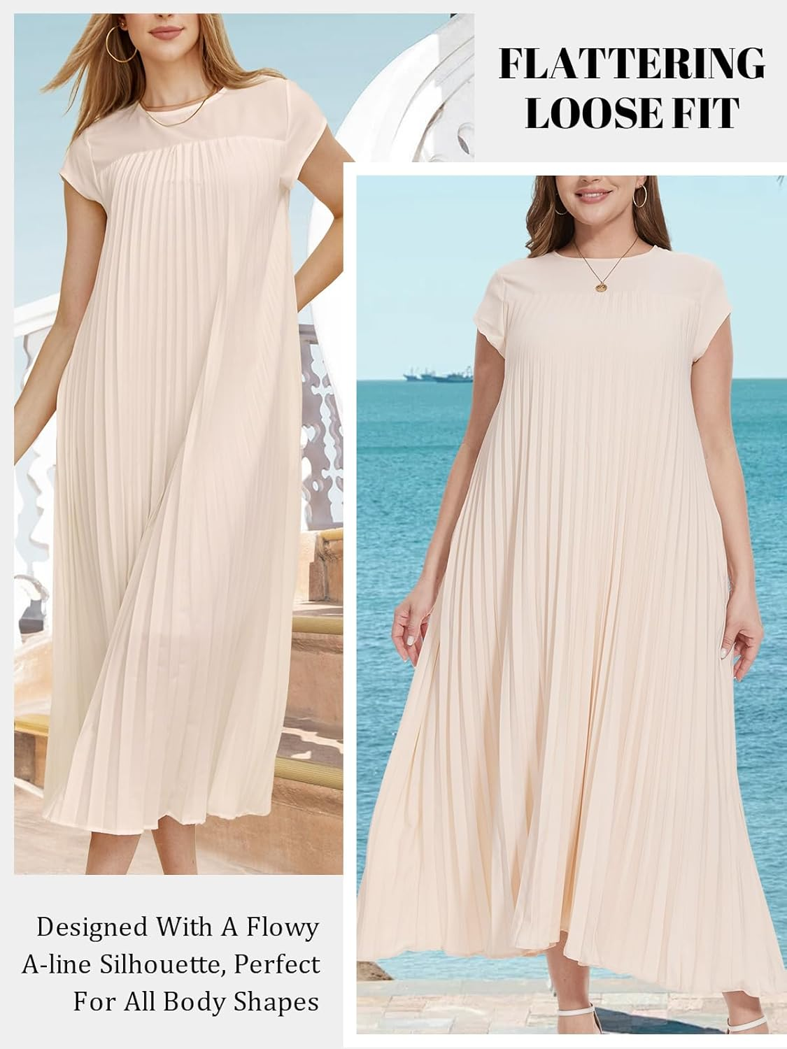 Women'S Church Pleated Maxi Dress 2025 Summer Cap Sleeve Maternity Modest Flowy Dresses with Pockets image number 2