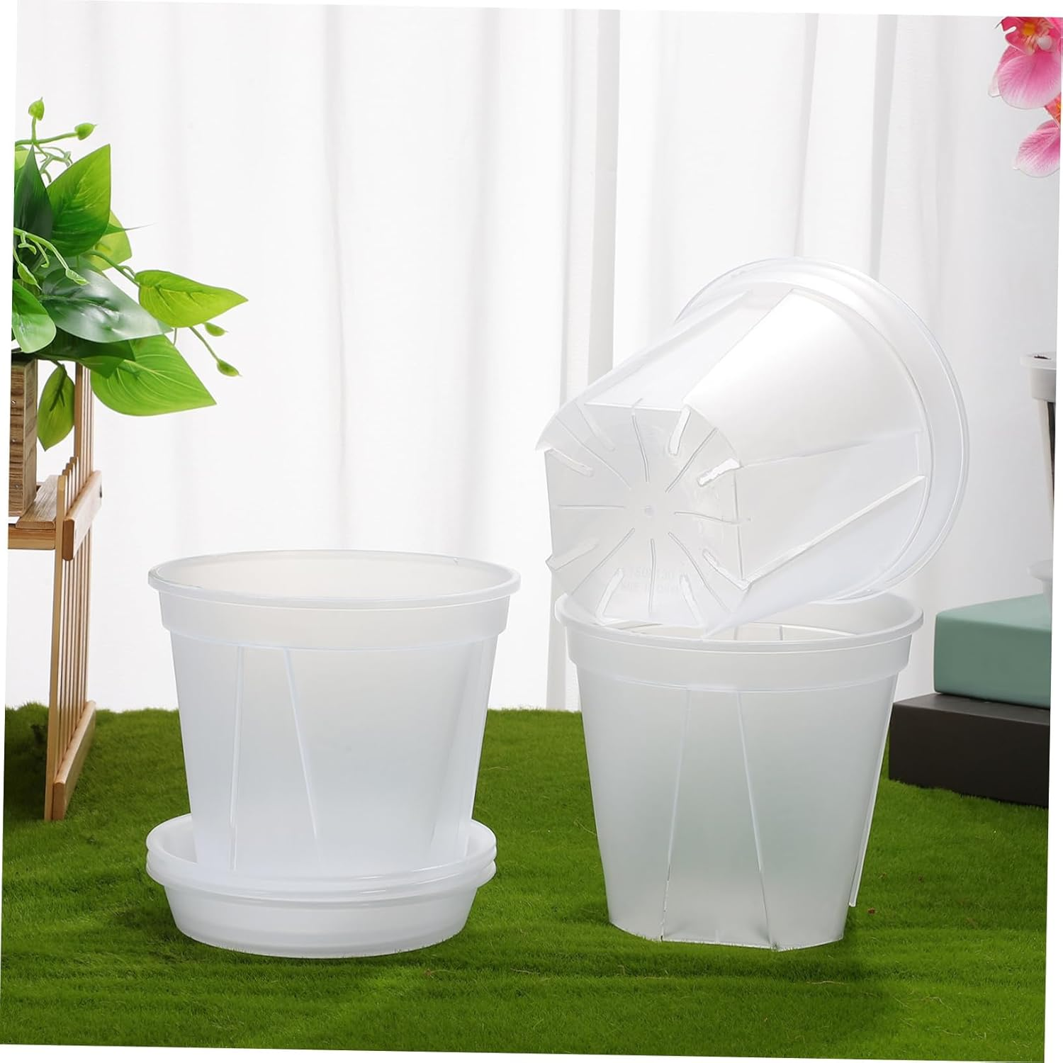 Outanaya 4 Pcs Plastic Plant Pots with Drainage Tray for Indoor and Outdoor Gardening, 0.3 Gallon Nursery Flower Planters with Holes for Airflow and Root Control image number 1