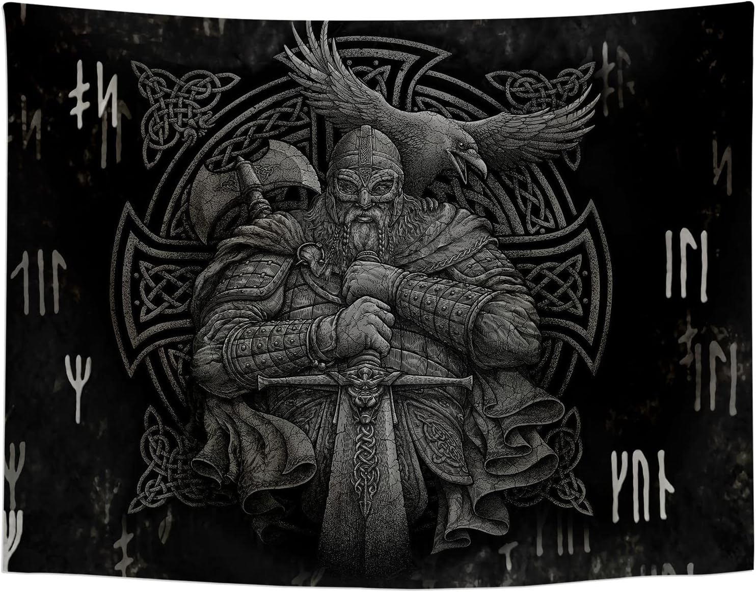 ST Soleme.Tc Norse Viking Tapestry Odin Warrior Sword Axe Raven Tapestries Square Knot Tattoo Wall Hanging Nordic Meditation Runes for Men Bedroom Aesthetic Gothic Room Home Decor 59" X 51" image number 6