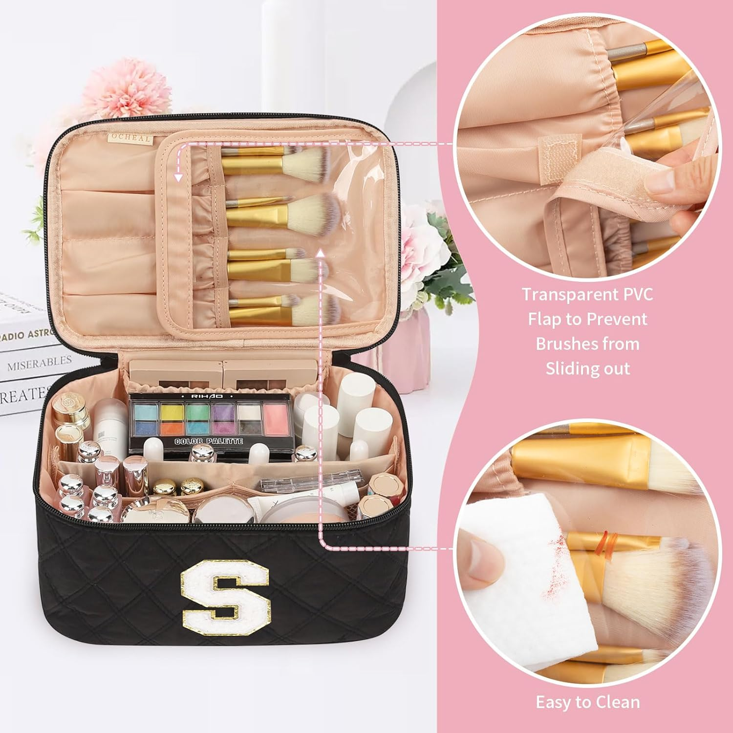 OCHEAL Makeup Bag for Women, Monogram Cosmetic Bag with Brush Holder,Black Travel Makeup Case Beauty Toiletry Bag Organizer Personalized Gifts for Girls Bridesmaid, Sister, Wife, Friends Initial S image number 6