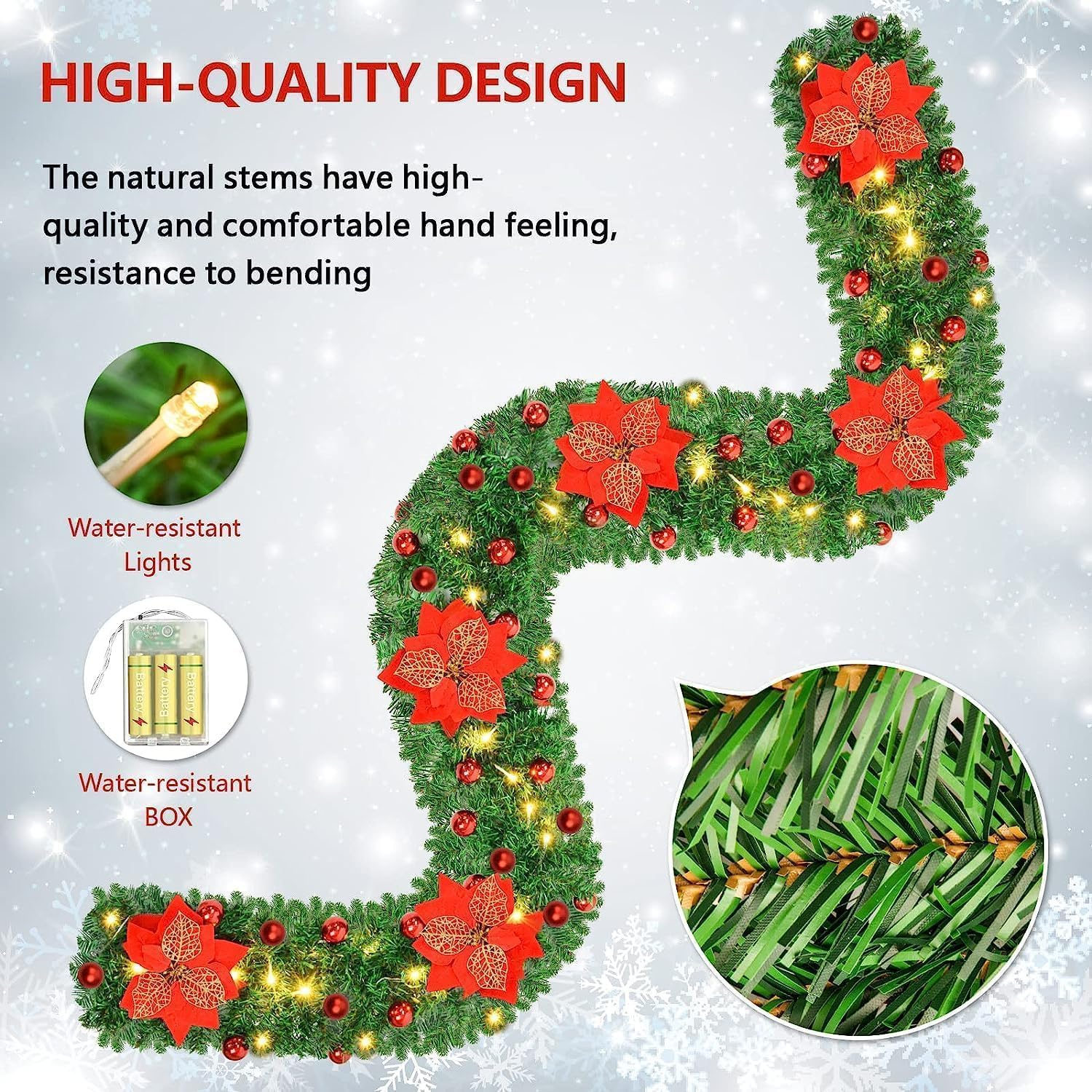 Christmas Garland, 2.7M Christmas Rattan Christmas Artificial Flower Vine for Home Stairs Fireplace Front Porch Door Display Indoor Outdoor Xmas Decor(Green,2.7M) image number 4