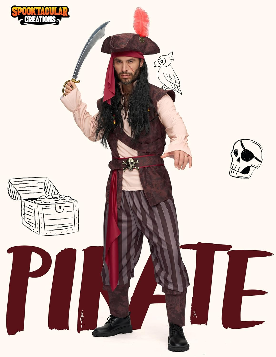 Spooktacular Creations Mens Caribbean Pirate Costume Adult Sea Captain Robber Costume for Halloween