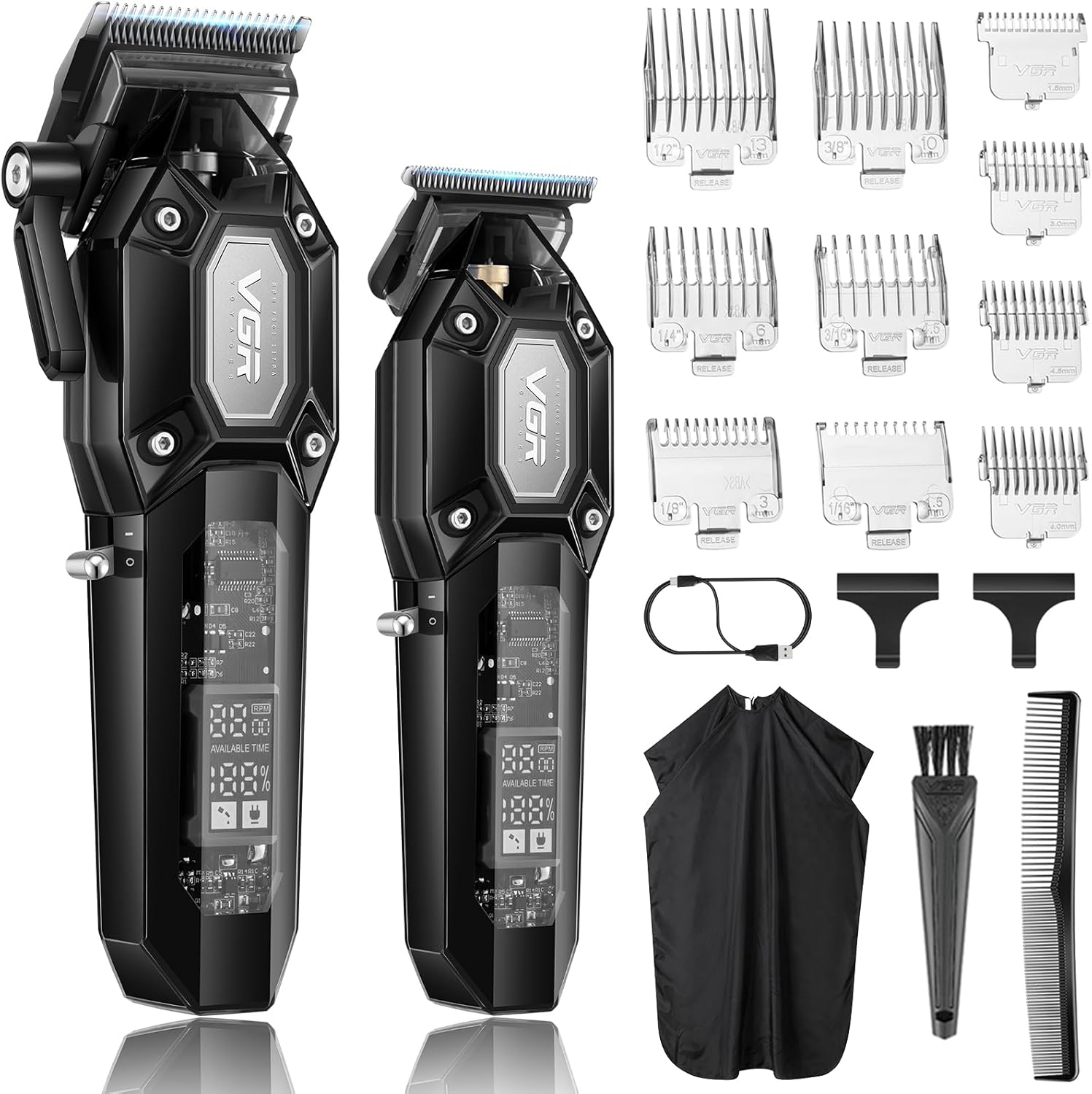 VGR Professional Hair Clippers for Men, Cordless Barber Clippers and Trimmers Set, Mens Hair Cutting Kit with 10 Guide Combs, USB Rechargeable Haircut Machine for Family, LED Display, Gold