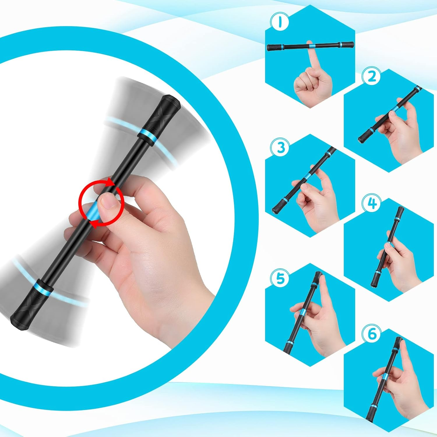 Spakon 4 Pieces Pen Spinning Spinner Finger Rotating Gaming Trick Pen Mod Stress Releasing Brain Training Toys for Kids Teens Student Games Learning Office Supplies(Black, Blue) image number 4