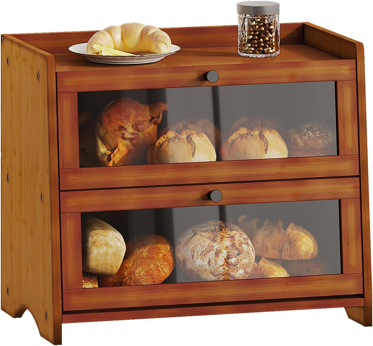 BAMBANG Bread Box for Kitchen Countertop, Extra Large Bamboo Bread Storage Container for Homemade Bread, Double Layer Sourdough Breadox, Bread Bin Organizer for Counter Cabinet Pantry, Brown image number 3
