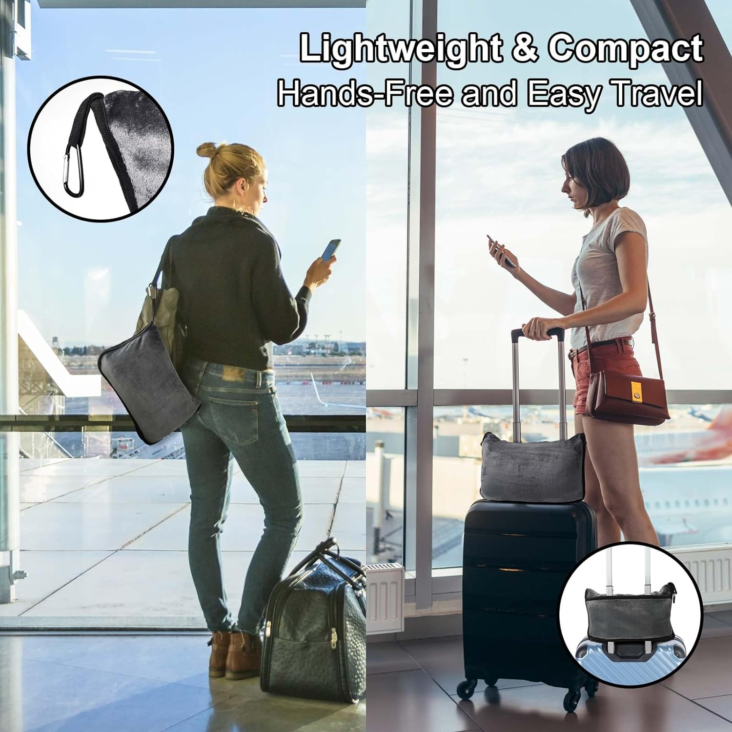 DAWNTREES 2 Pack Travel Blanket and Pillow - Travel Essentials Gifts on Airplane, Camping, Car, 2 in 1 Airplane Blanket with Soft Bag Pillowcase, Hand Luggage Sleeve and Backpack Clip. (Grey+Pink) image number 1