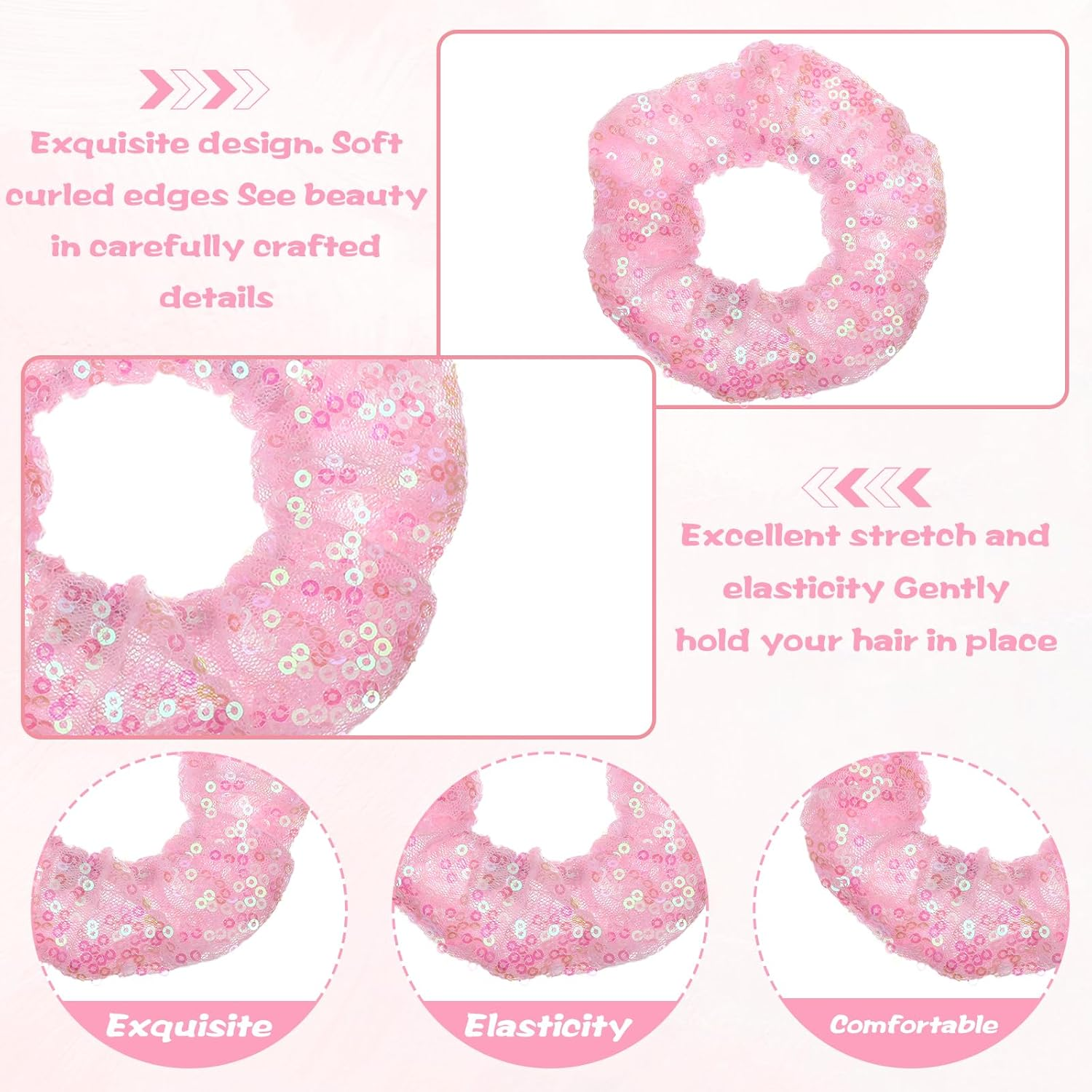 Thinp Pack of 2 Women'S Scrunchies, Glitter Hair Scrunchies, Sequins, Elastic Scrunchies, Sparkling Ponytail Holder, Hair Accessories for Girls, Women, Long Fine Thick Curly Hair Accessories image number 4