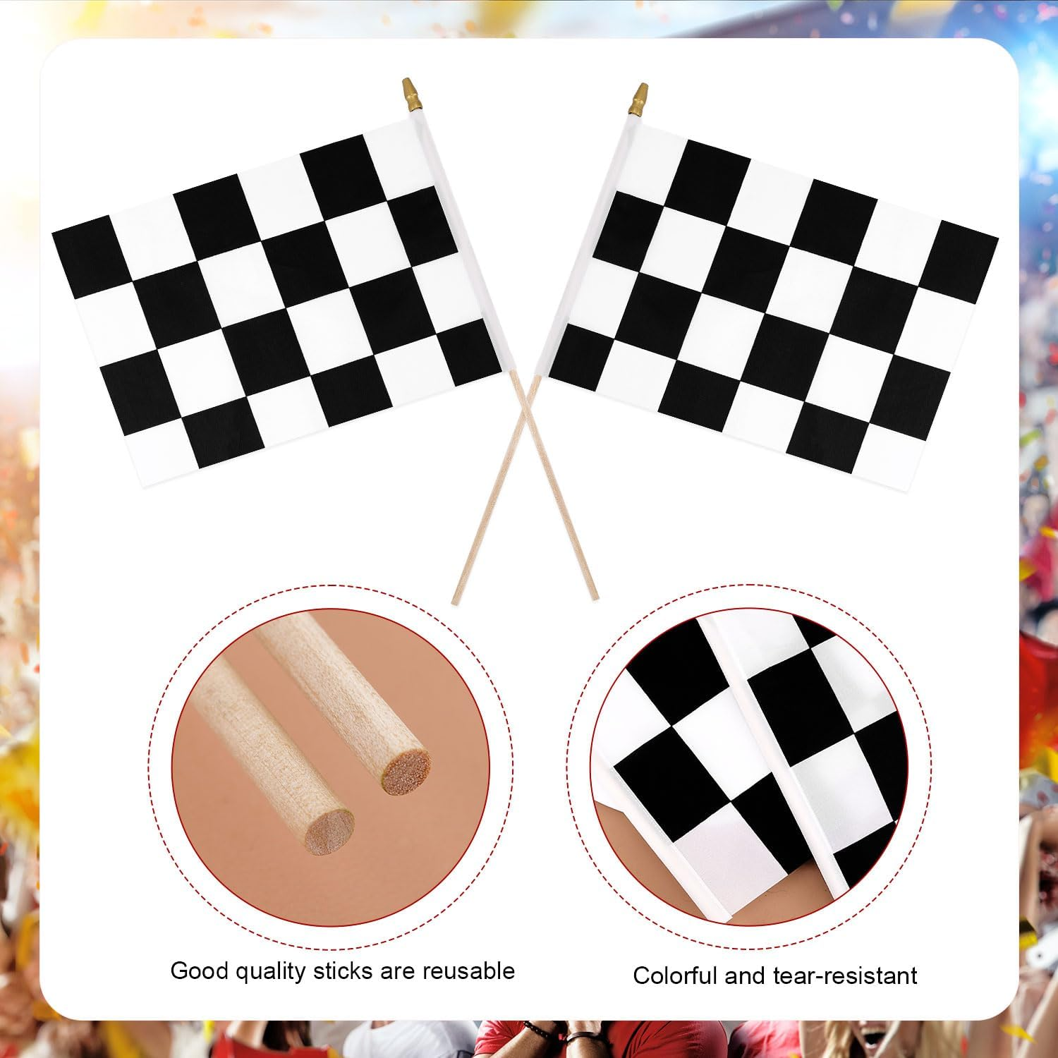 12Pcs Racing Flags, 8X5.5In Checkered Flags on Sticks with Spear Top Handheld Black and White Flags Reusable Checkered Stick Flags for Party Decorations image number 1