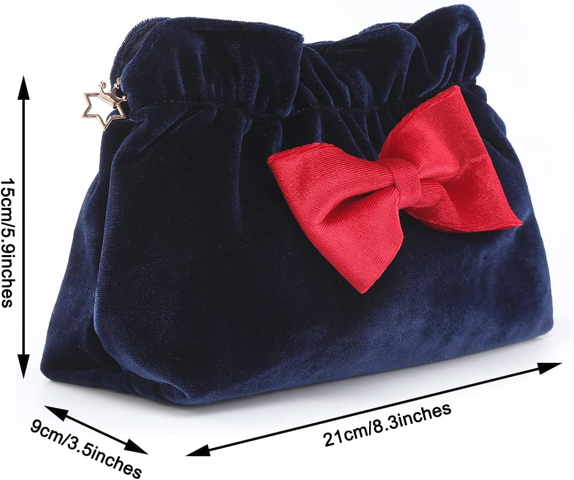 Lazy Drawstring Make up Bag Portable Travel Cosmetic Bag Makeup Pouch Storage Organiser Toiletry Bag for Women Girls Vanfn P.Travel Series (Bow-Blue Red) image number 2