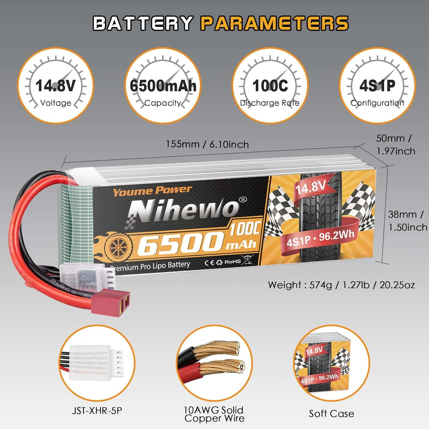 Nihewo 4S Lipo Battery, 14.8V 6500Mah RC Battery 100C Deans T Connector Compatible with 1/5 1/6 1/7 Scale RC Car Truck Boat Airplane Helicopter Quadcopter Models (2Packs)