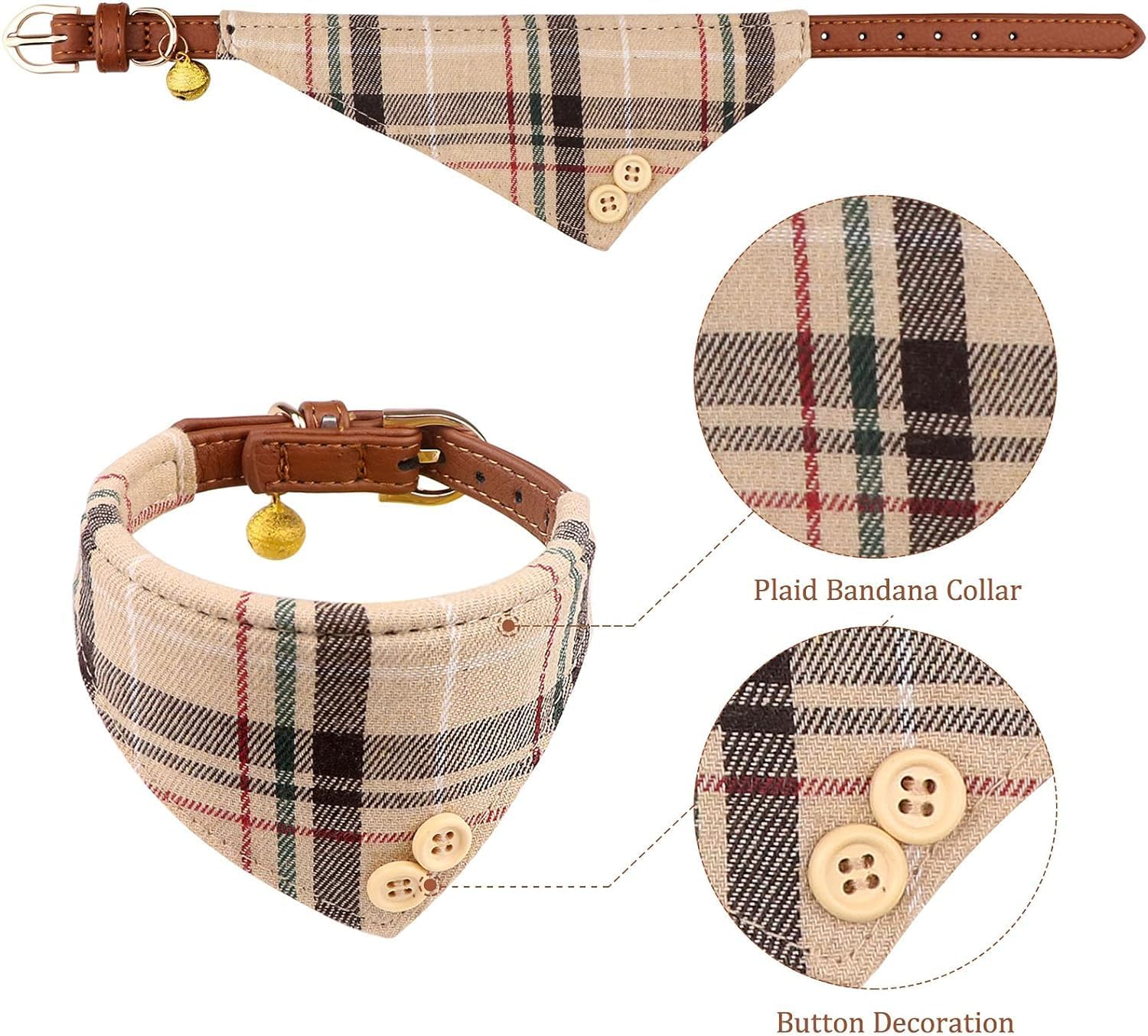 3 PCS Dog Collars for Small Puppy Collar and Leash Set, Bow Tie with Bell, Bandana Leather for Small Dogs Puppies and Cats(Beige) image number 2