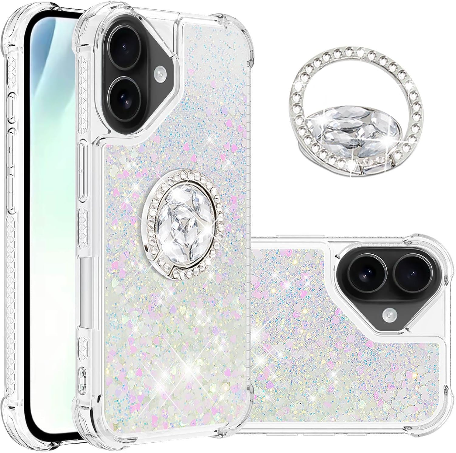 IMEIKONST Glitter Case for Iphone 17 Mobile Phone Case with Ring Stand, Sequins Liquid Quicksand Transparent Protective Case Shockproof TPU Cover for Iphone 17 Love Gold YBZ