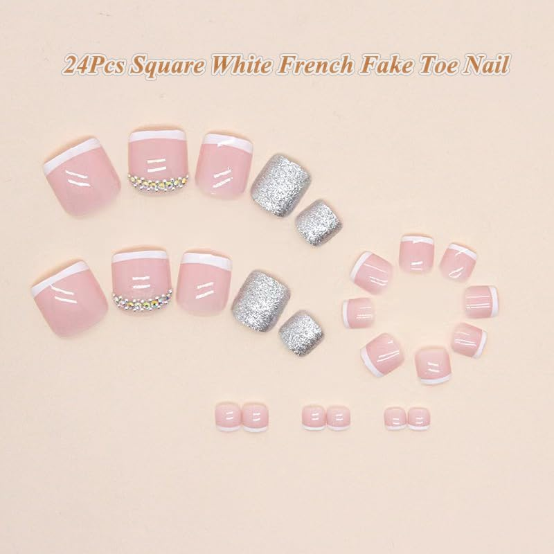 Kyzistn False Toe Nails, Square White French Fake Toe Nail, 24Pcs Glitter Press on Toenail with Rhinestones for Feet Fake Nails with Jerry Glue for Women and Girls image number 1