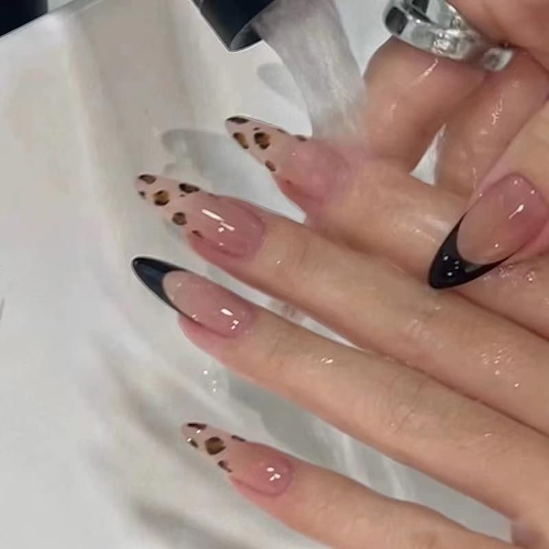 Black French Lace Press on Nails, Almond Shape, Medium Length, Nude Pink with Crystals and Stars Design, Reusable Acrylic Stick-On False Nails for Women, Pack of 24 image number 2