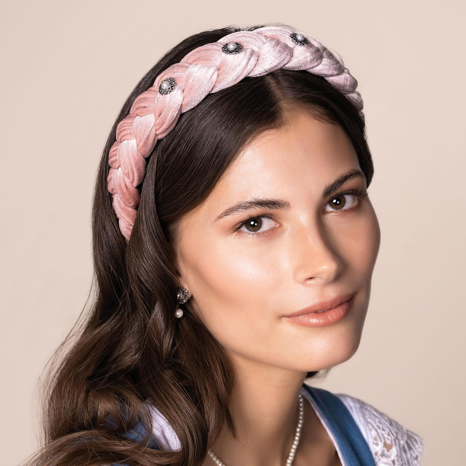 Alpenfl&uuml;stern Helena Women'S Costume Headband Velvet Braided Look &ndash; Women'S Hair Accessories Braided with Pearl Ornament, Hair Band Non-Slip for Dirndl (Powder Pink) ADV133 image number 1
