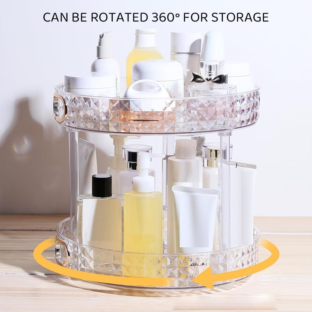 RUTREZOGO Rotating Makeup Organizer 2 Tier Skincare Organizer with Handle, Spinning Lazy Susan Perfume Organizer for Vanity, Bathroom Countertop, Cabinets, Pantry, Fridge & Kitchen