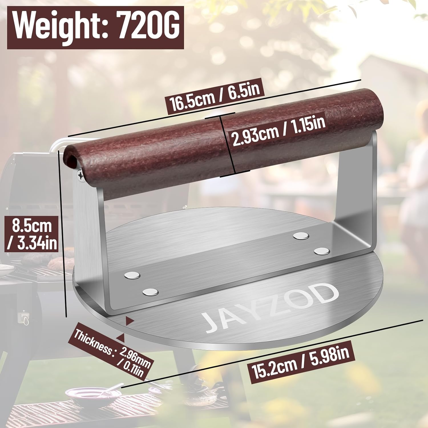 5.98" Stainless Steel Burger Press,720G round Burger Smasher with Wood Handle,Heavy Duty Smooth Non-Stick Meat Press for Cooking Burgers, Steaks, Bacon, Sausages, BBQ image number 3