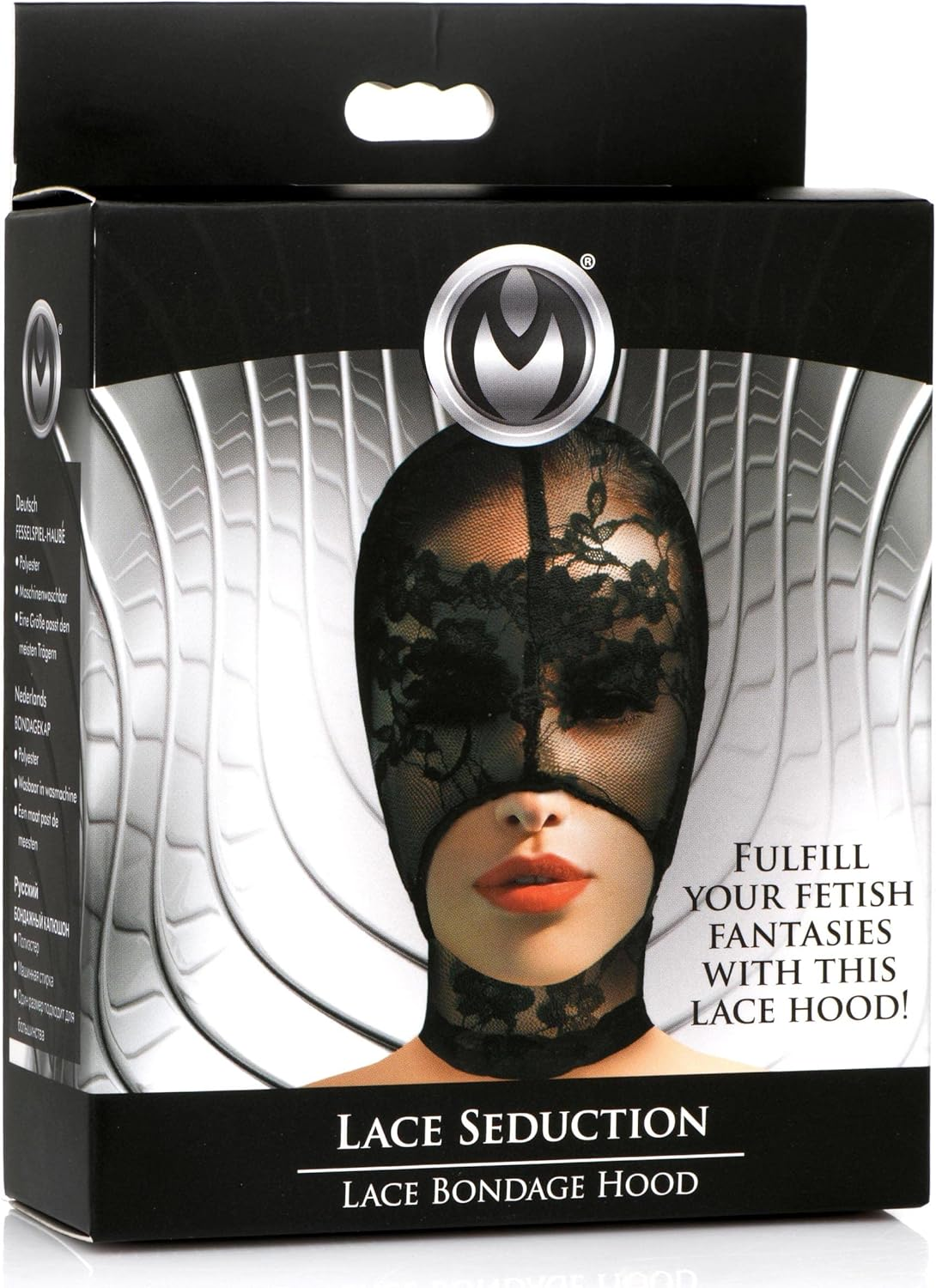MASTER SERIES Lace Seduction Bondage Hood. BDSM Mask and Sexy Fetish Fantasy Costume for Women, Men & Adult Couples. Machine Washable, Polyester, Black, One Size Fits Most image number 1