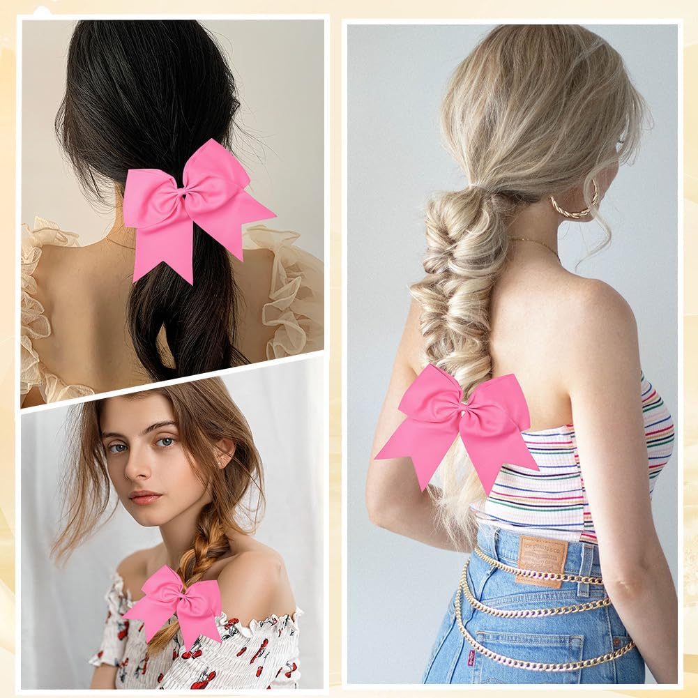 SUNNYCLUE 1 Box 2Pcs Pink Pony Tail Bows Hair Bow Ties Coquette Cute Hot Pink Large Jumbo Cheerleading Bows Knot Pony Tail Hairties Band for Women Sports Softball Cheer Hairs School College Supplies image number 1
