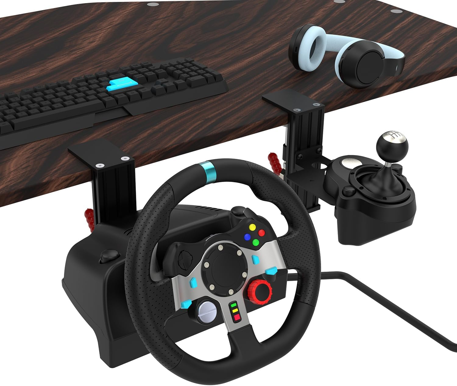 EG STARTS SIM Racing Wheel Stand Desk Mount, Heavy Duty Desk Clamp with 480-Pound Force, Compatible Logitech G25 G27 G29 G920 G923 Thrustmaster T248 T300RS T-GT TS-PC Black Metal Gaming Cockpit Shelf image number 1