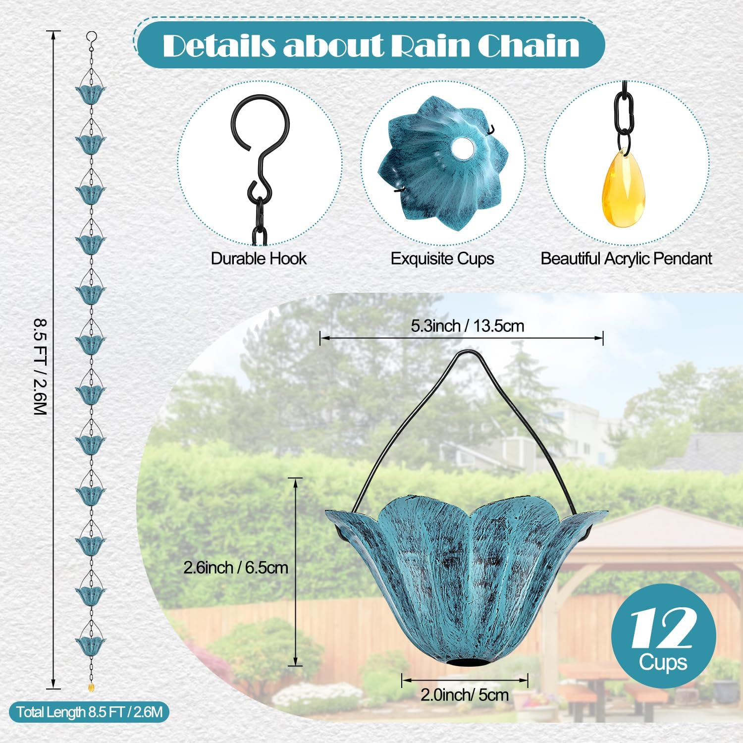 Tfro & Cile Tulip Rain Chain Gutter Downspout Substitution Decorative Garden Rainwater Diverter Home Decor for Garden Backyard - 8 1/2 Feet Long image number 1